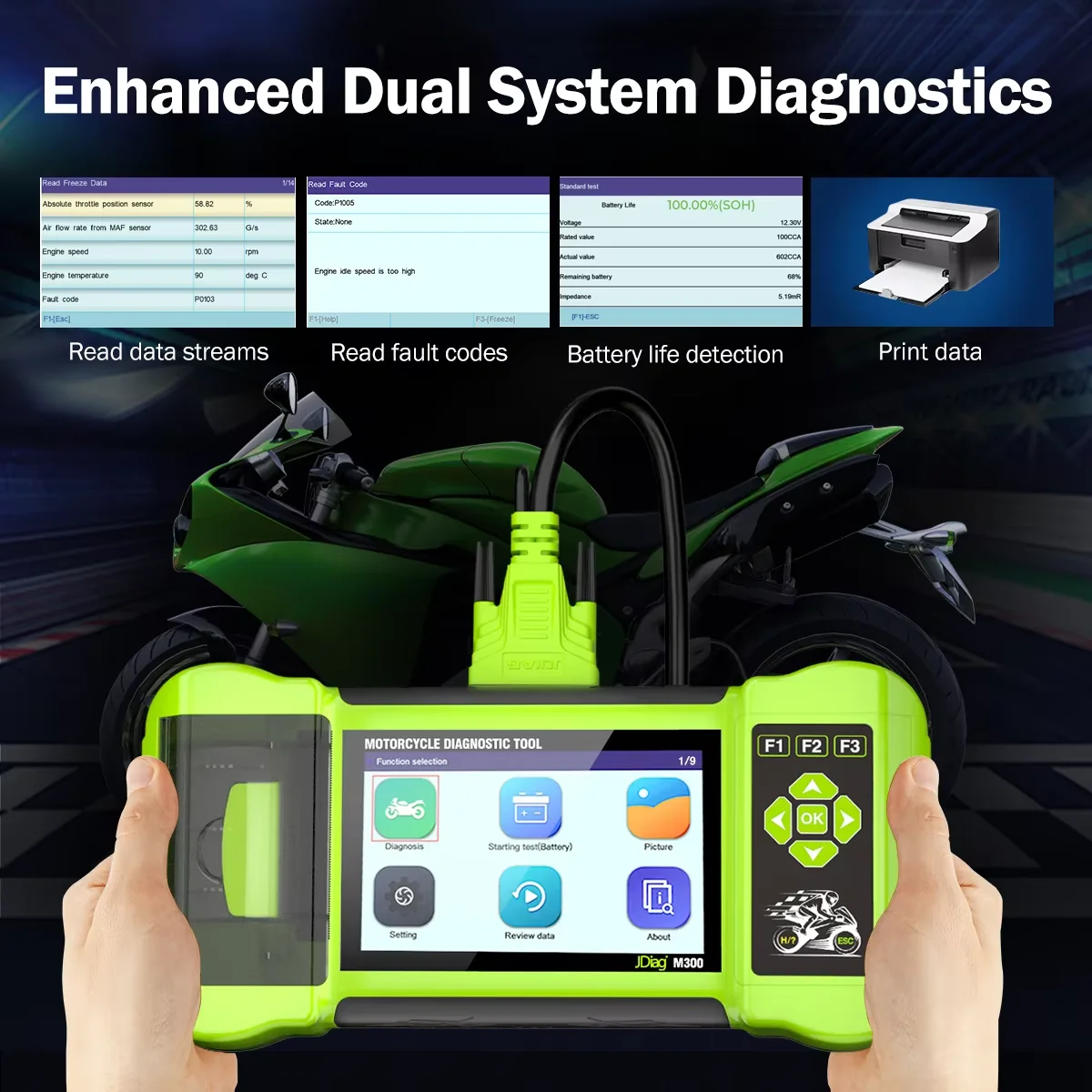 Фото JDiag M300 OBD2 Scanner Motorcycle Diagnostic Tool - Moto Scanner for Fault Code Read ABS Engine Compatible with BMW Yamaha Harl №5