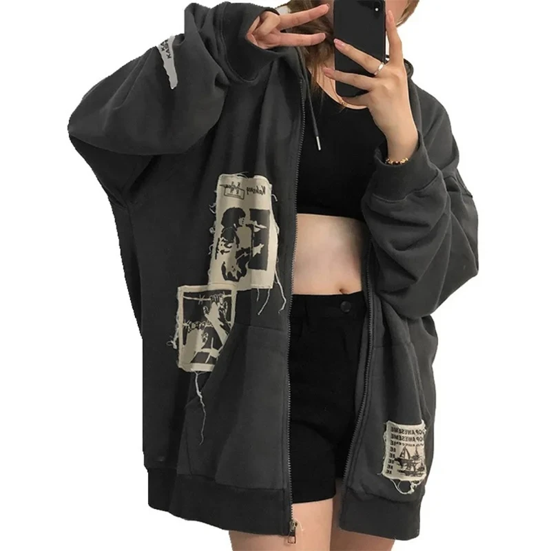 

Women Harajuku Long Sleeve Hoodies Jacket Punk Rock Vintage Patch Design Zip Up Sweatshirt Hip Hop Oversized Loose Coat