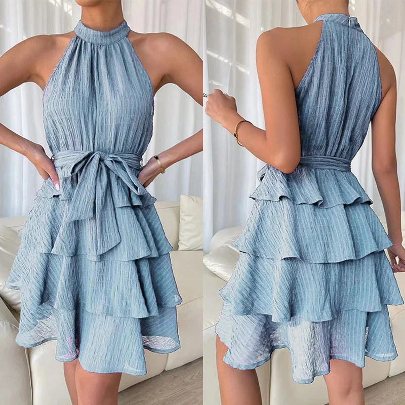 

Women Sexy Halter Sleeveless Ruffles Mini Dresses Summer Retro Elegant Female Lace Up Party Dress Fashion Streetwear