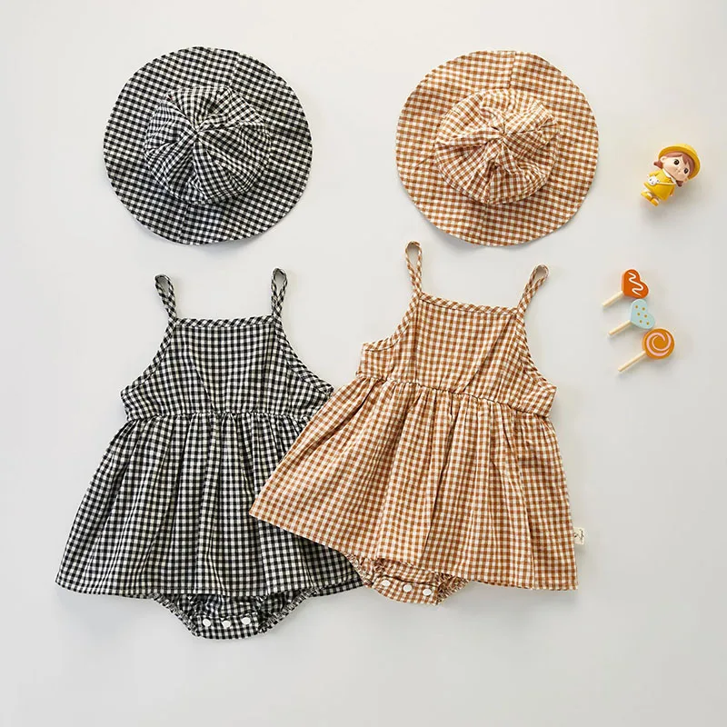 

MILANCEL 2022 Summer Toddler Bodysuit Girl Baby Sling Plaid Dress With Hat Baby One Piece