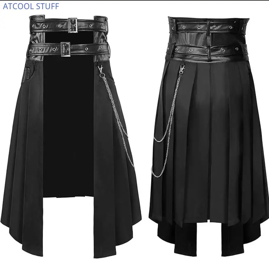 

Punk Pleated Skirt Open Front Men's Gothic Leather Belt Medieval Roman Warrior Kilt Metal Chian Harujuku Stylish Clothing