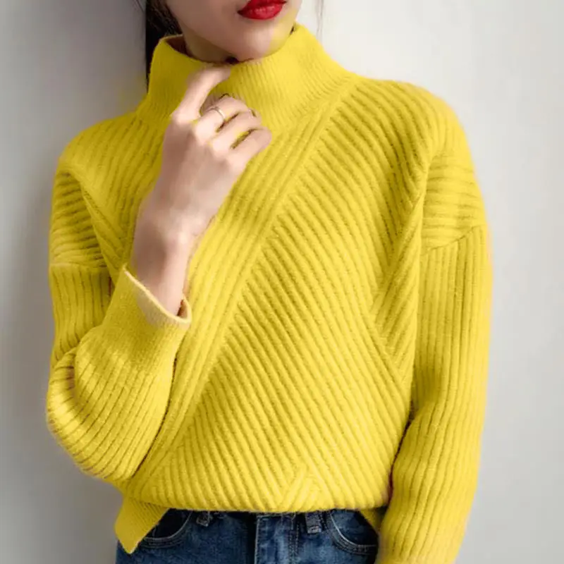 

2021 High Quality Women Autumn Winter Sweater Knitted Female Polluver Turtleneck Femme Sweaters Knitwear 6 Colors White Yellow