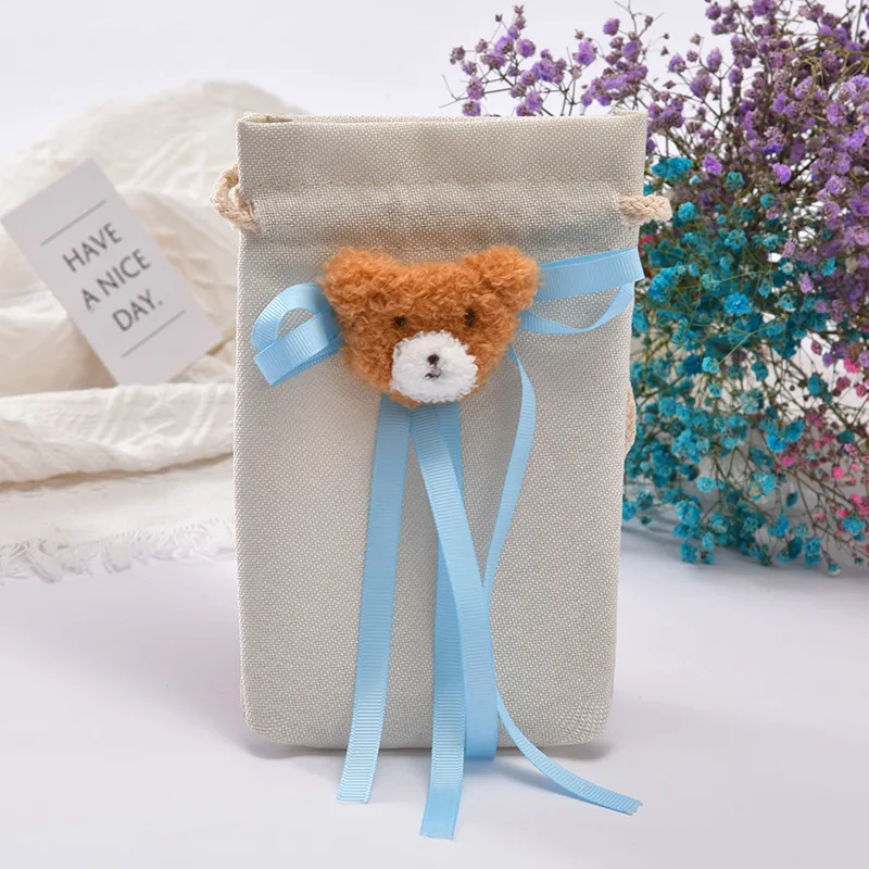

Eco-friendly Linen Gift Bag Storage Bag with Japanese-style Cute Bear for Small Items Headphone Bag 14*18cm Candy Organizer