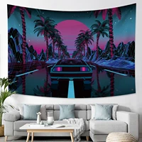 summer tapestry cyberpunk style coconut tree sports car road wall hanging neon color aesthetics home decor living room bedroom