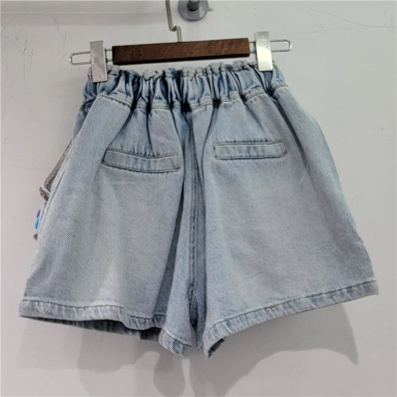 High Waist Shorts for Lady Summer New Heavy Industry Wide-Leg Denim Shorts Color Diamond Beaded Slimming Women's Short Pants