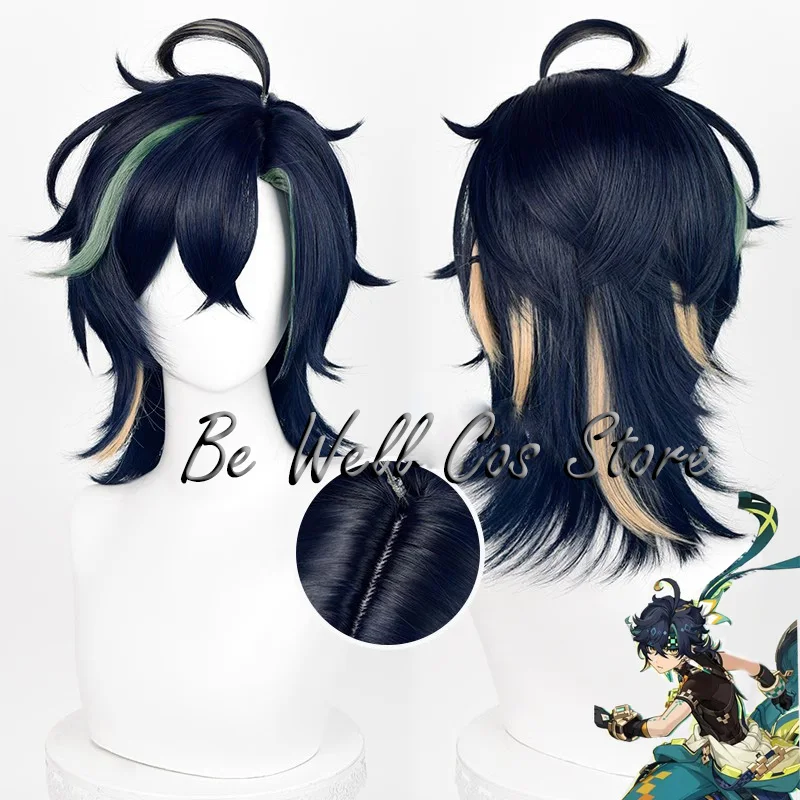 Парик для косплея Kinich Game Genshin ударопрочный 35 см короткие волосы с синим и зеленым