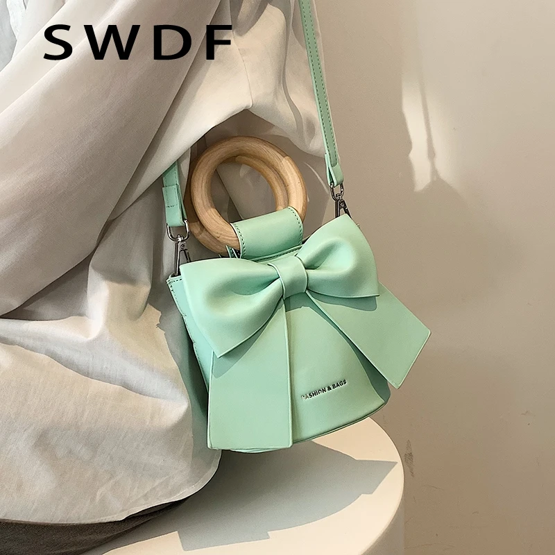 

Мини-сумка SWDF женская с круглой деревянной ручкой, дизайнерский саквояж кросс-боди из экокожи, модная милая сумочка на плечо, тоут, лето 2022