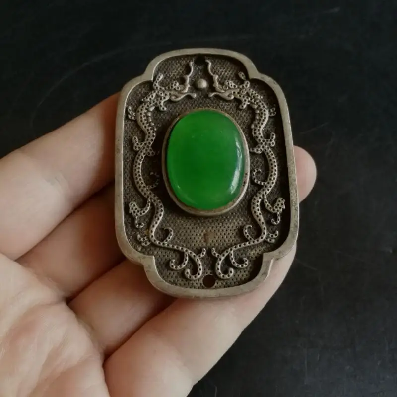 Rare Old China Silver Inlay Green Jade Gem Carved Ssangyong Pendant