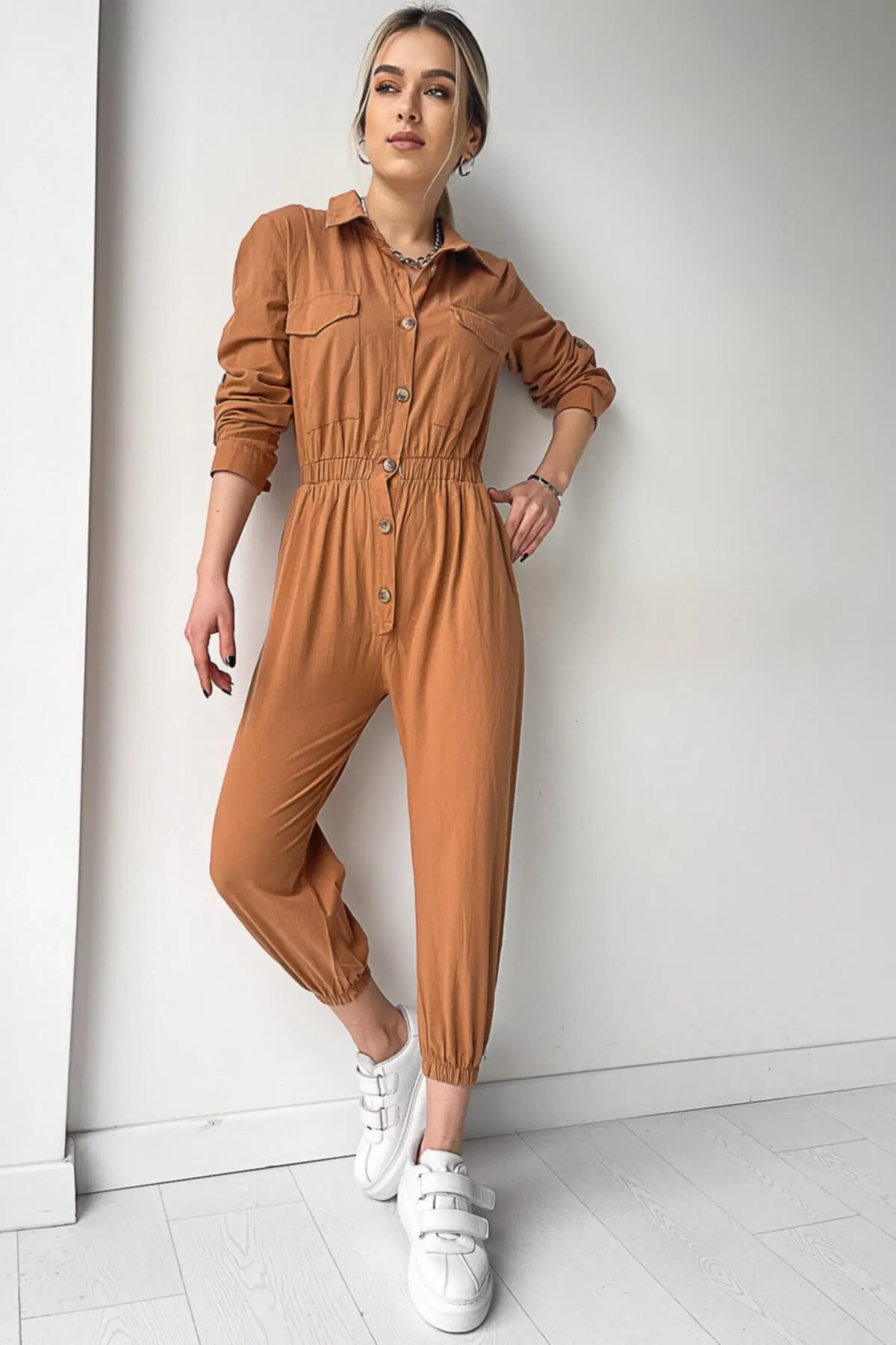 

Women's Overalls Elb- Taba Buttoned Waist Elastic Gabardine Fabric Hot Casual Fashion Sleeveless Baggy Trousers Overalls