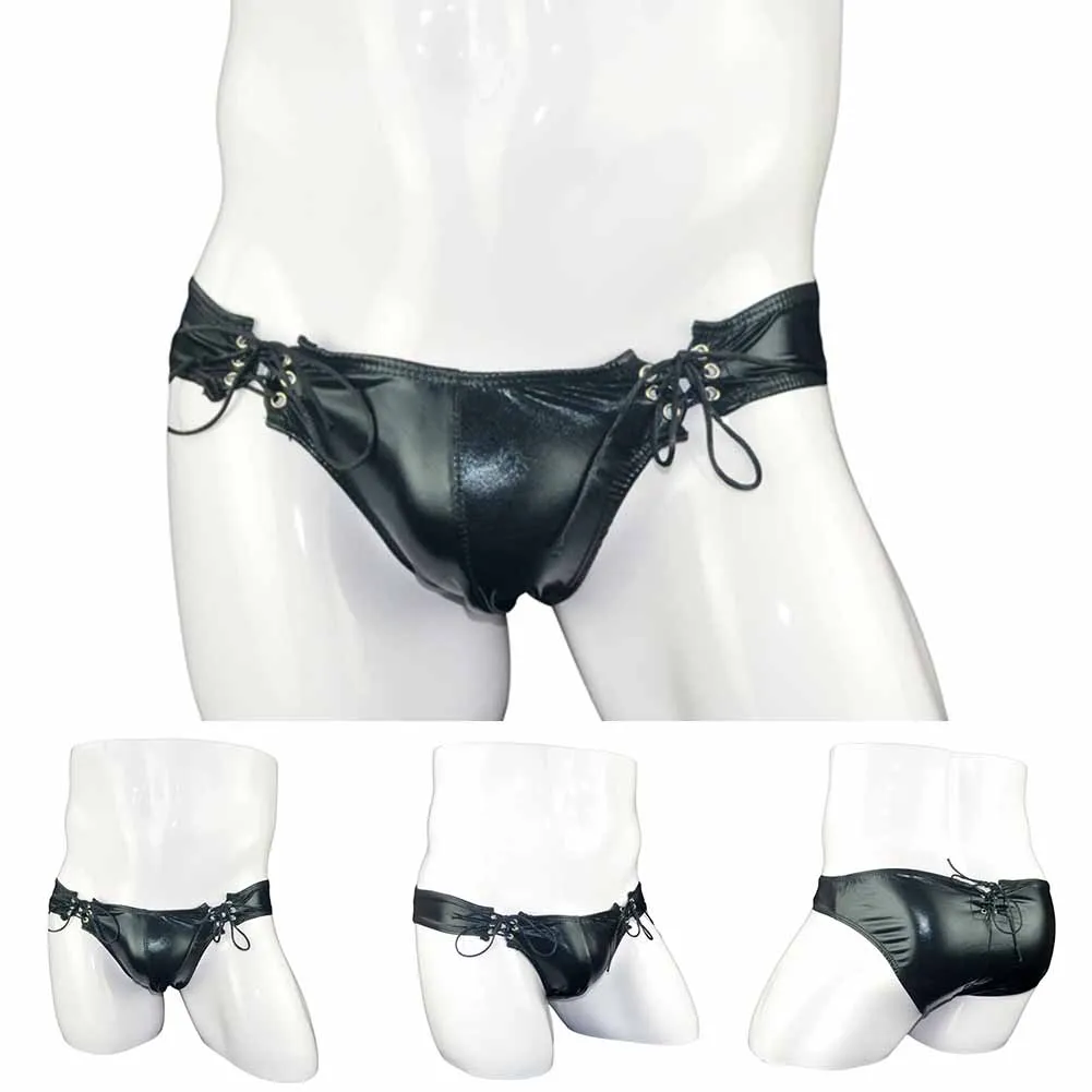 

Men Sexy Fashion Faux Leather Fashion Low Waist Soft Comfortable String Knotted Briefs Underpants Brief Male