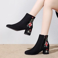 black boots with heel 6cm retro vintage ladies shoes spring fall round toe fashion embroidered boots femme 2022 high heels pumps
