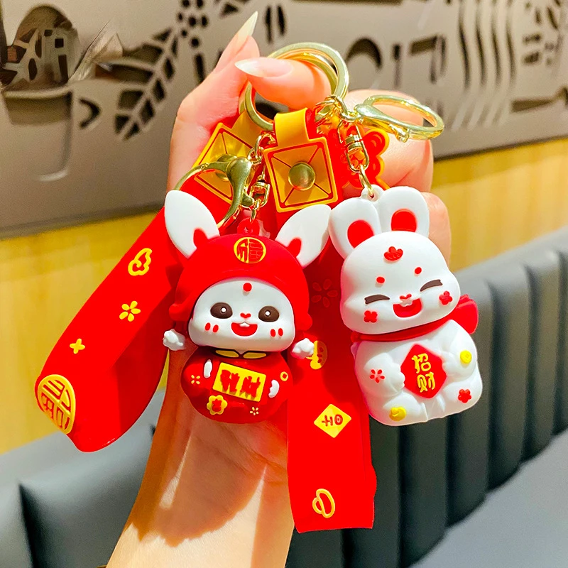 

Creative Cartoon Pattern Bunny Happy New Year Car Key Chain Schoolbag Pendant A Pair of Bunny Gifts Wholesale Key Keychain