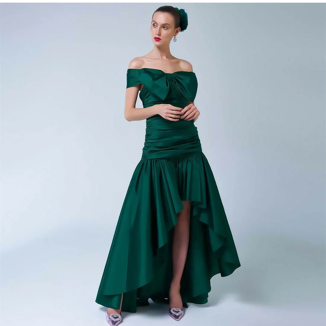 

Винтажное короткое зеленое атласное платье для выпускного вечера с бантом, асимметричное вечернее платье с плиссированными деталями для женщин