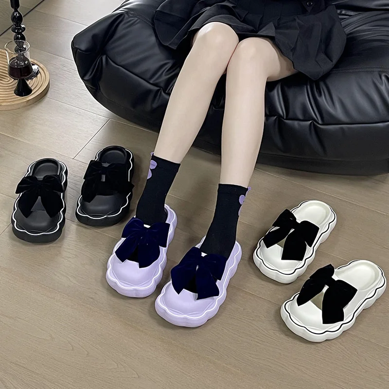Mary Jane Slippers Women's Cute Summer Students' Bow Thick Soles Anti Slip Bow Slipper Garden Shoes Mute Sandals