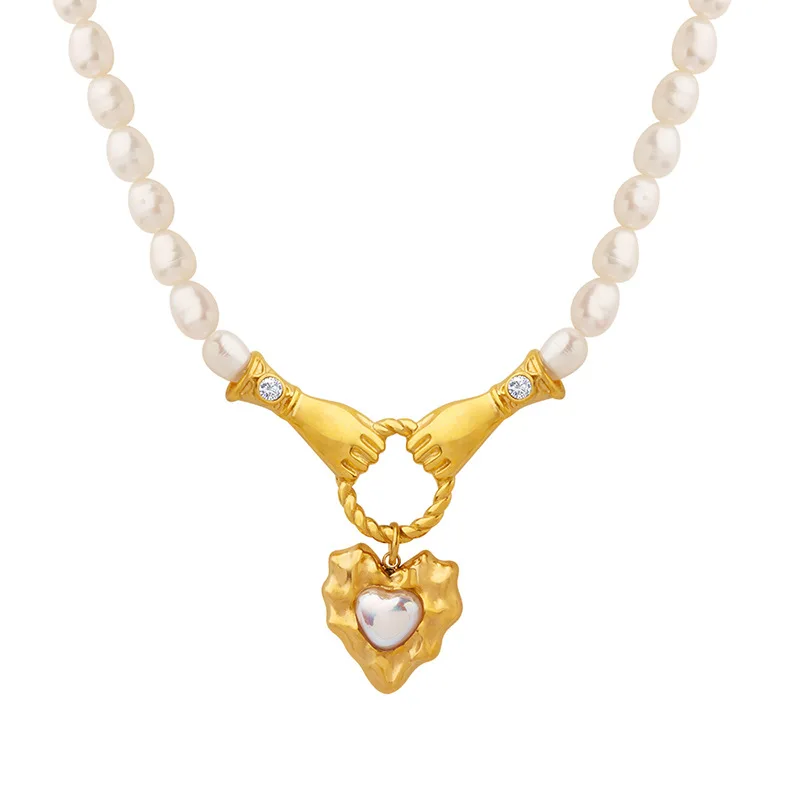 

European and American Fashion Exaggerated Geometry Heart-Shaped Pendant Necklace Baroque Freshwater Pearl Clavicle Necklace