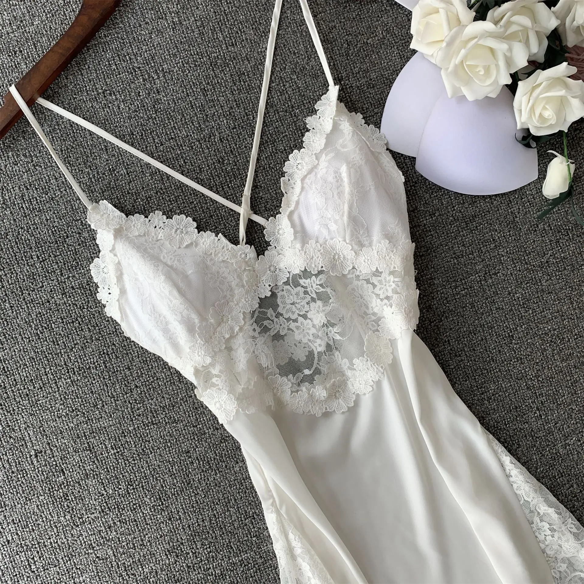 Spring and summer sexy pajamas cross beautiful back nightdress silk suspenders temptation lace pajamas mesh through