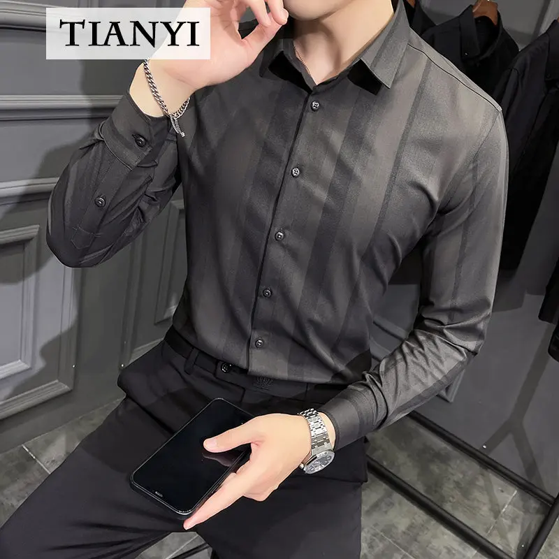 High-quality Men's Korean Clothes Shirt Men's Long-sleeved Slim Wide Striped Handsome Shirt Solid Color All-match Inch Shirt