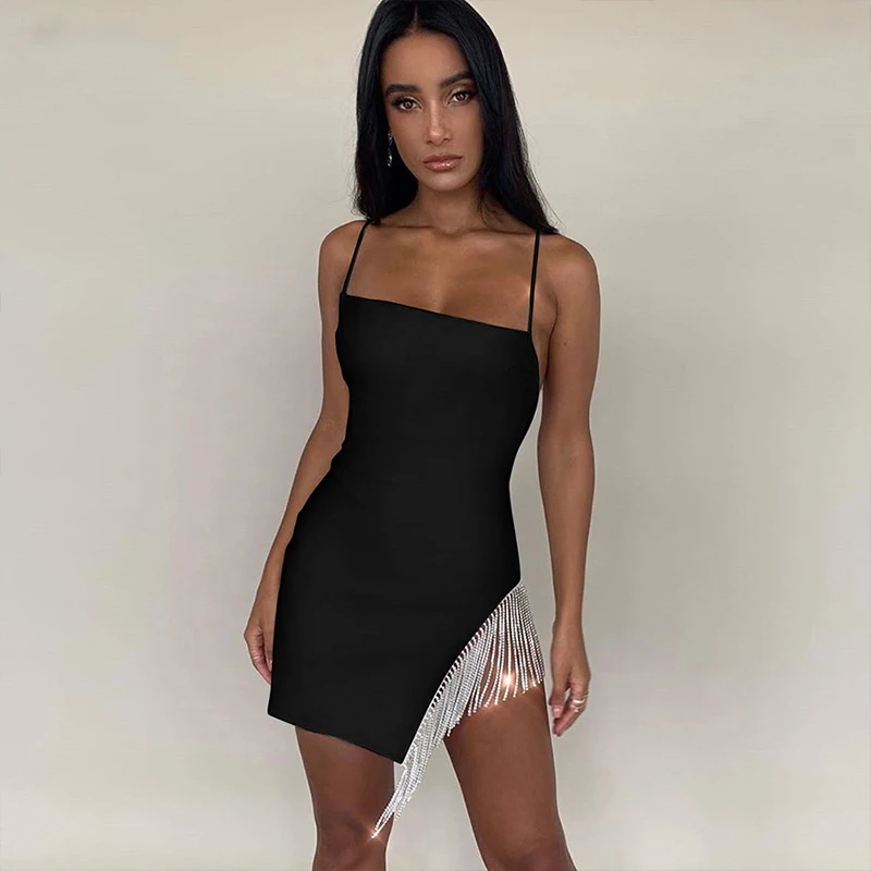 

Spaghetti Straps Dress Women Tassel Sleeveless Backless Sexy Bodycon Dress Patchwork Mini Party Dress Fashion