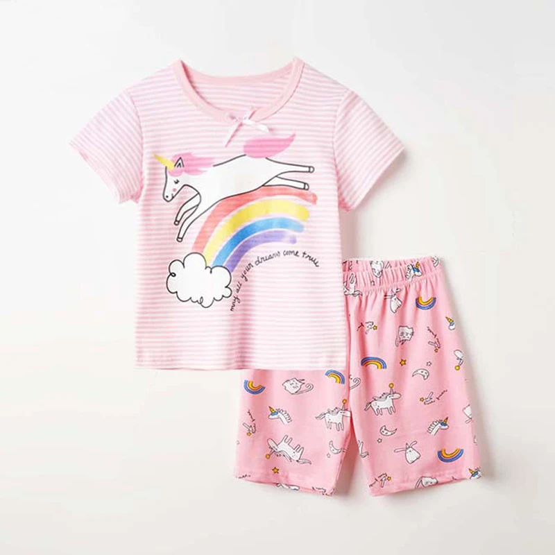 

Girls Set Summer Sport Clothes Kids Cotton Casual Crewneck Short Sleeve T-Shirt + Shorts Children Outfits Unicorn Rainbow 2-8Y