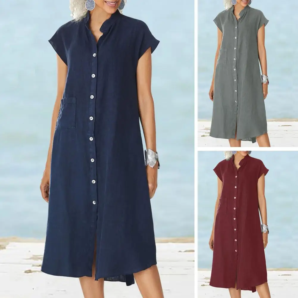 

Classic Casual Dress Sweat Absorbing Moisture Wicking Loose Dress Solid Color Loose Midi Shirt Dress