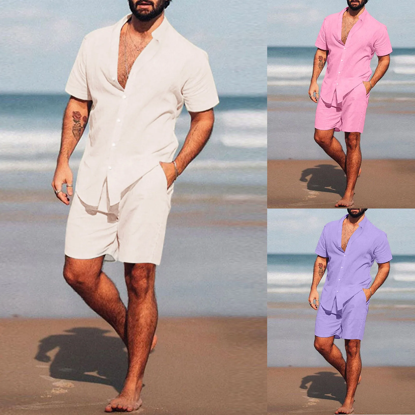 

Men Stand Collar Short Sleeve Solid Casual Fashion Sports Shirt Shorts Suit Beige Slim Fit Suit Red And Black Tuxedo