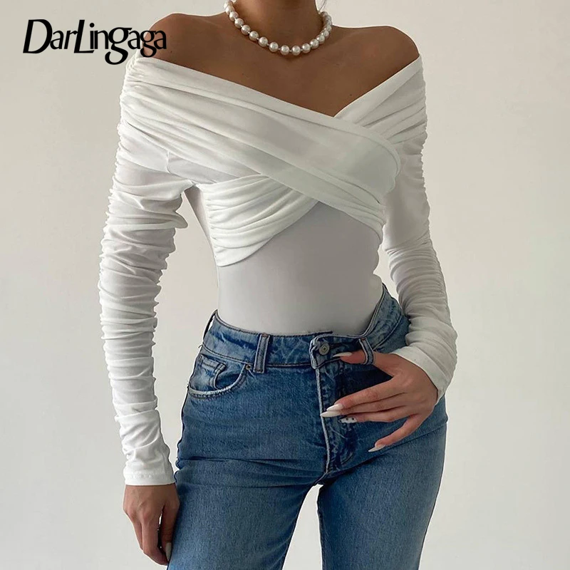 

Darlingaga Fashion White Fold Skinny Sexy Bodysuit Women Off Shoulder Party Body One Piece Criss-Cross Elegant Jumpsuit Outfits