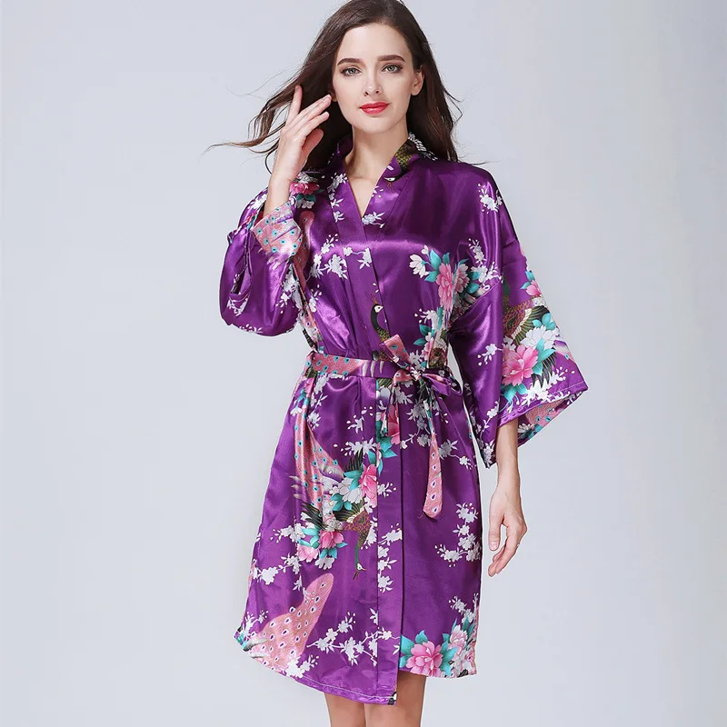 2022 Spring Summer New Ladies Silk Satin Thin Robes Kinomo Style Floral Printed Sleepwear Sexy Nightgown Femme Satin Homewear