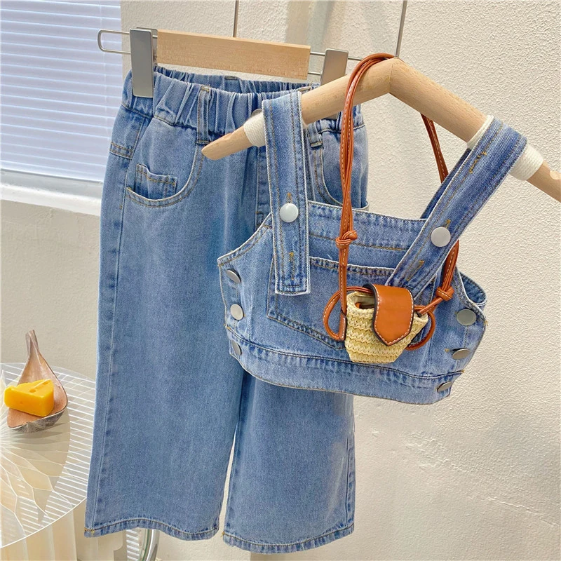 

Children's wear solid color cowboy suit fashion new summer girls shopping cowboy vest widened leg pants suit 2-8-year-old girls