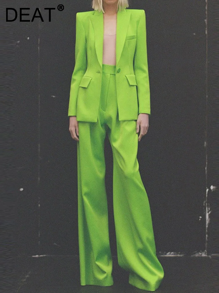 

DEAT Fashion Women's 2 Pcs Set Single Button Long Sleeve Waist Blazer Loose Flare Green Pants Suits Spring 2023 New 17A5243