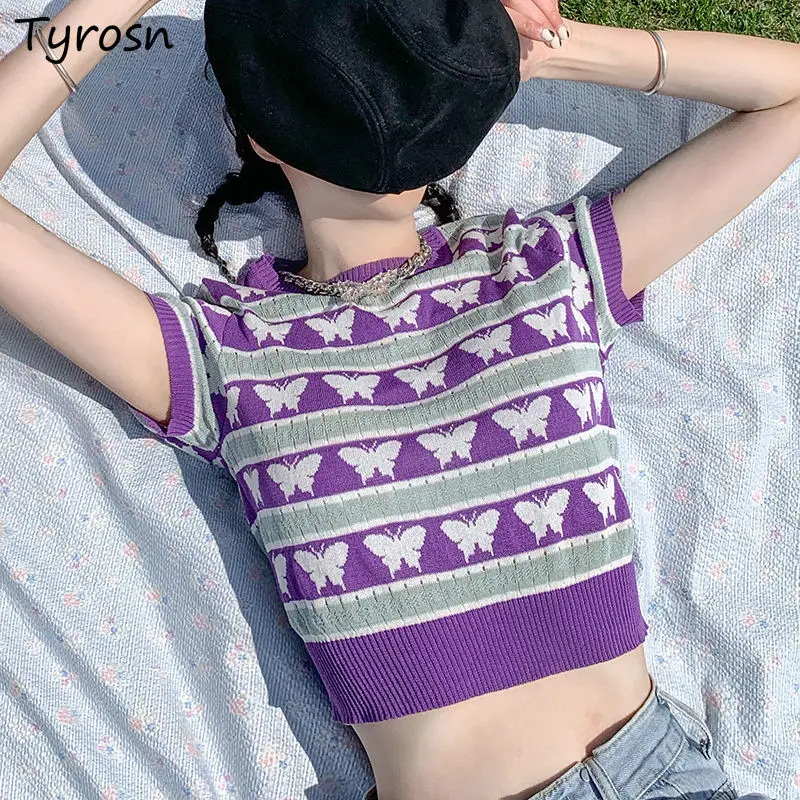 

Purple T-shirts Women Cropped Design Sexy Personality Y2K Breathable Daily Hot Sale Summer Knitwear Ulzzang Colleges All-match