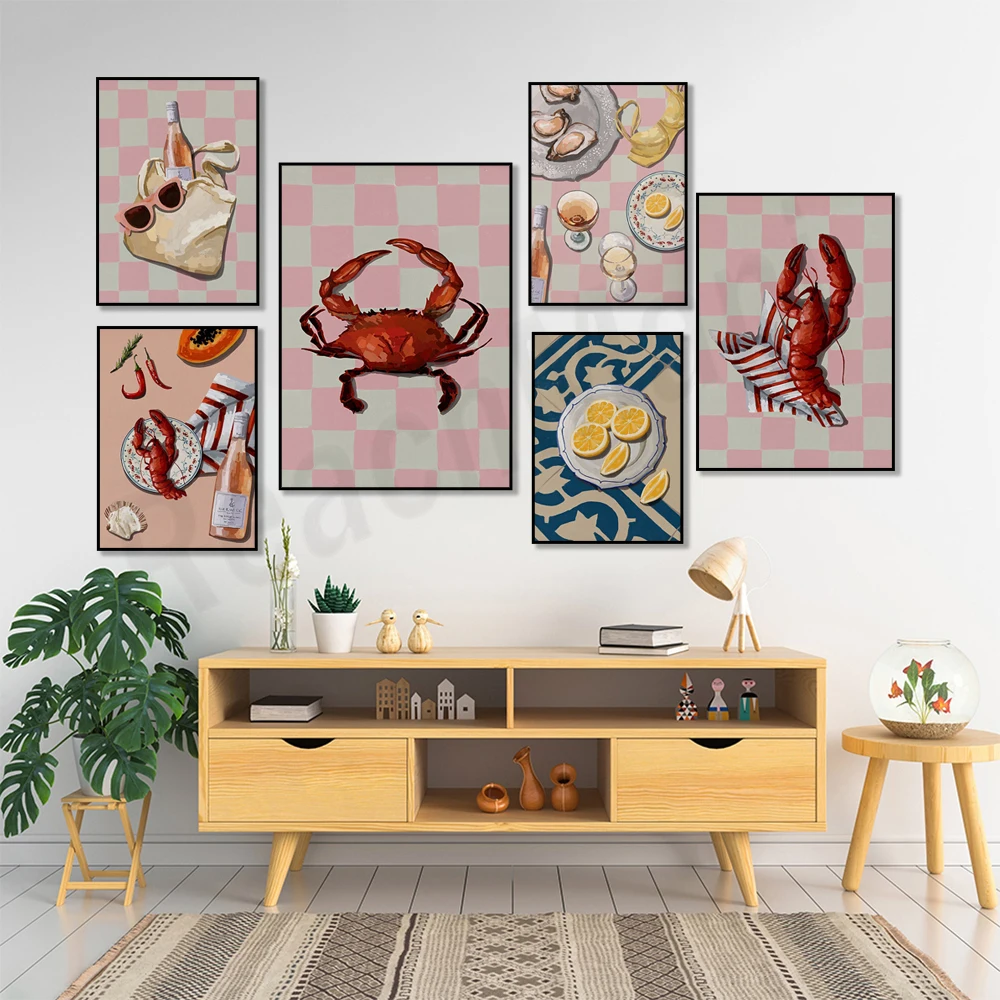

Red lobster and crab, French breakfast sardines, coffee croissants, papaya, oysters, wine, seafood, kitchen decoration poster
