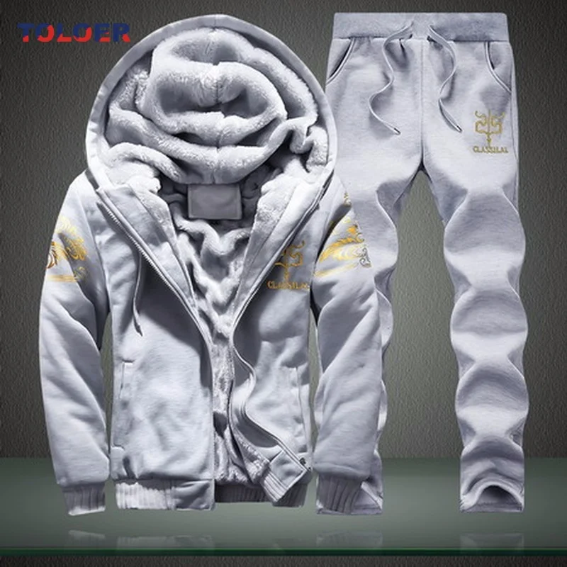 

Men's Sportswear New Tracksuit High Quality Zipper Warm Fleece Jacket+Pant 2 Piece Sets Fashion Print Casual Hip Hop Sweatsuit