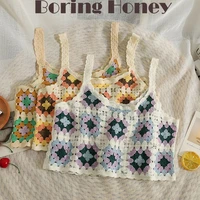 boring honey sleeveless short tops fashion women blouses hollow out printing floral embroidery crochet beach out crop tops
