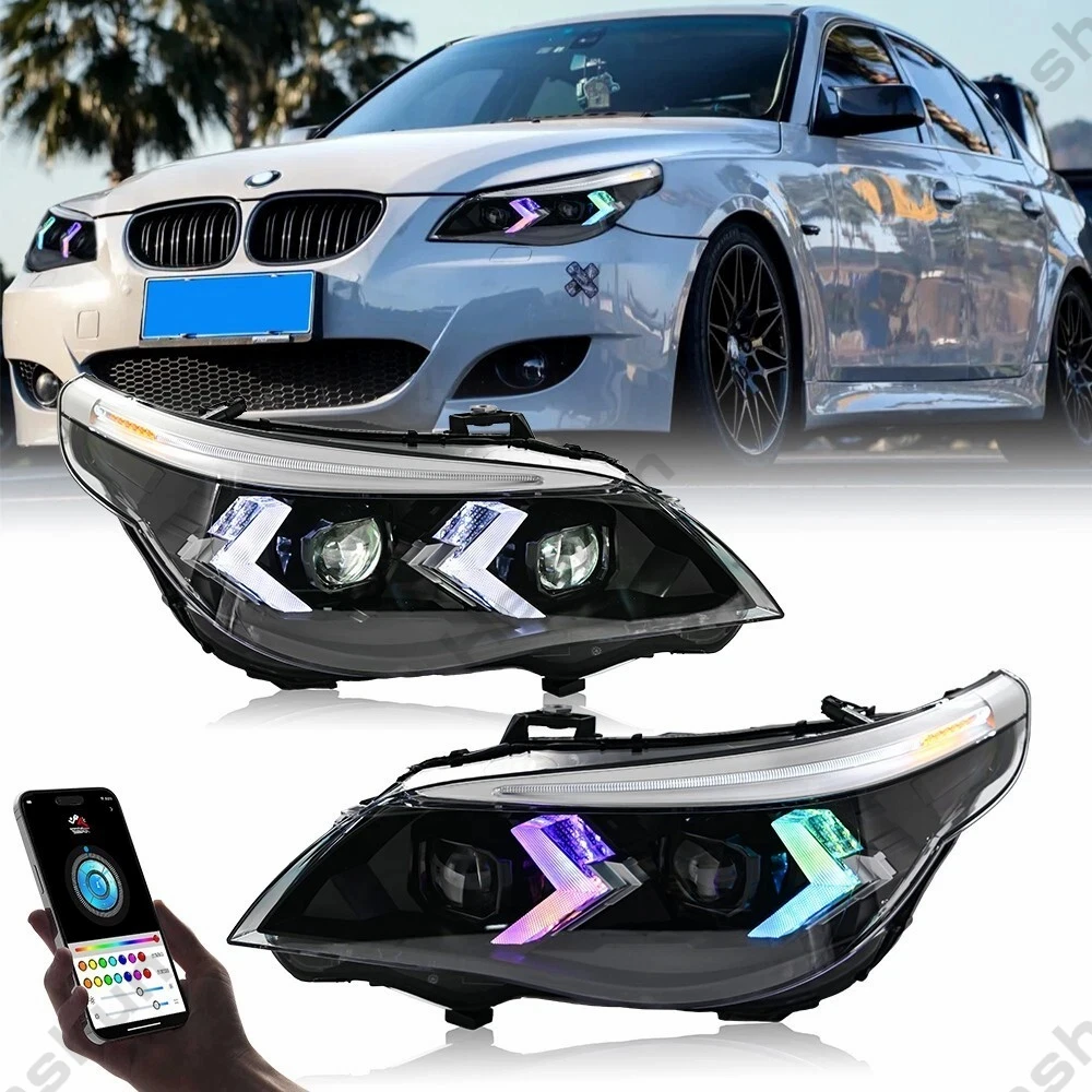 Фото Пара светодиодных фар для BMW E60 E61 M5 5-Series 525i 528i 530i 540i 2003-2010 гг., передние фары, указатели поворота, DRL, фары №1