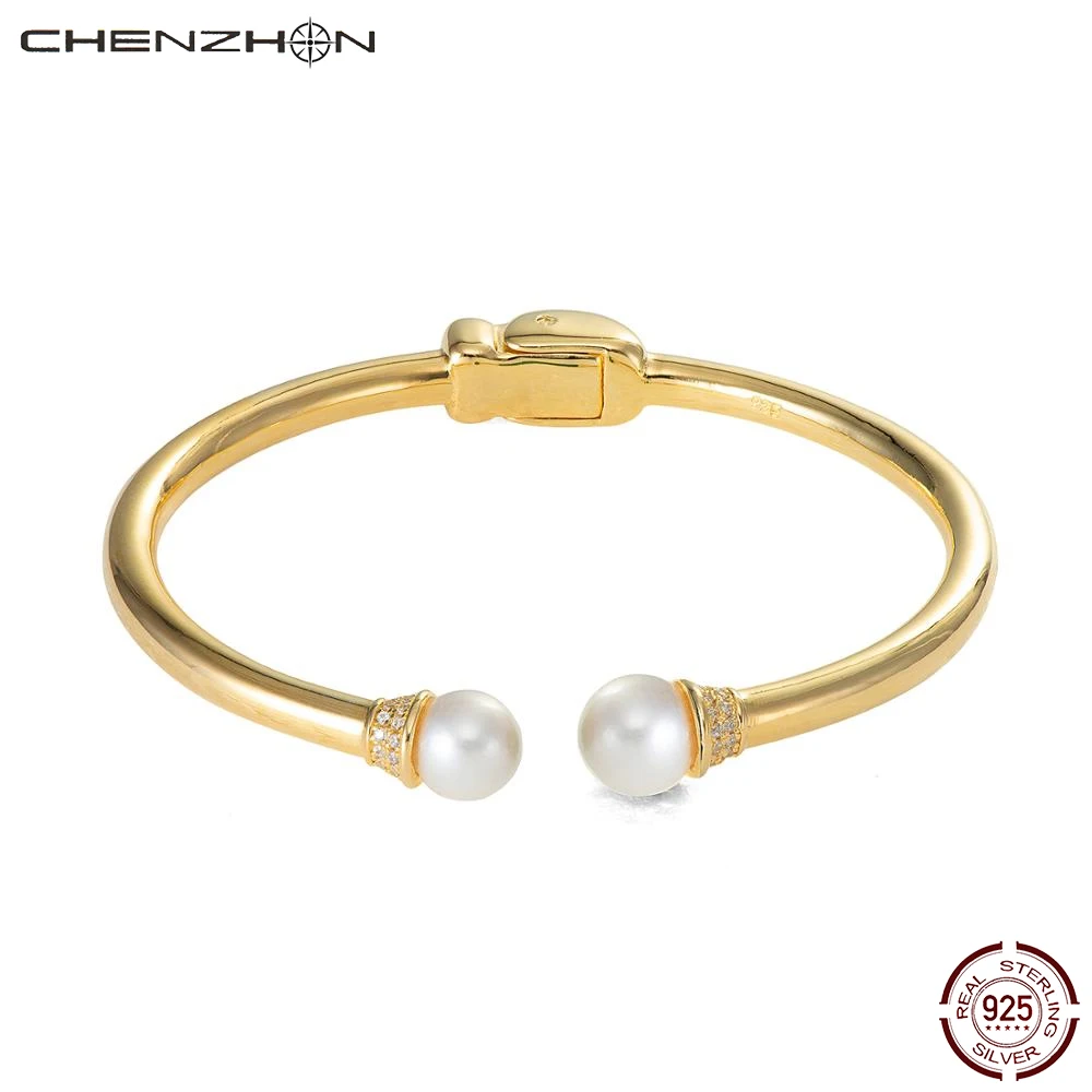 

CHENZHON 925 стерлинговые серебряные браслеты для запястий для женщин Золотой Цвет кубический циркон вечерние Одежда высшего качества, подарок ...