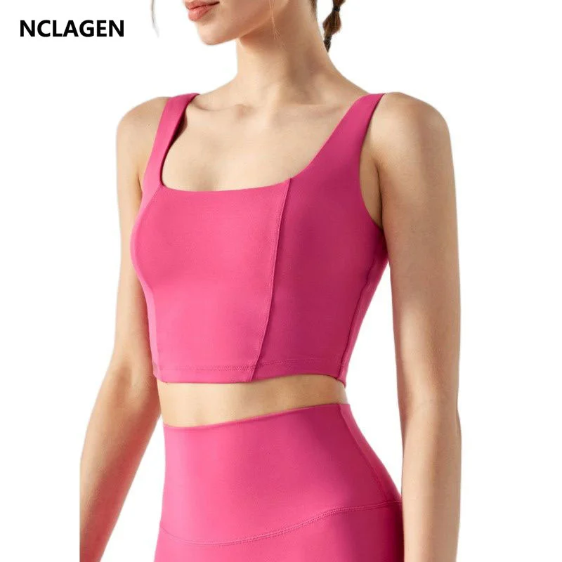 

NCLAGEN Yoga Vest Nylon Women Fitness Removable Chest Pad Square Neck High Elastic Gym Sports Underwear Push-up Fitness Crop Top