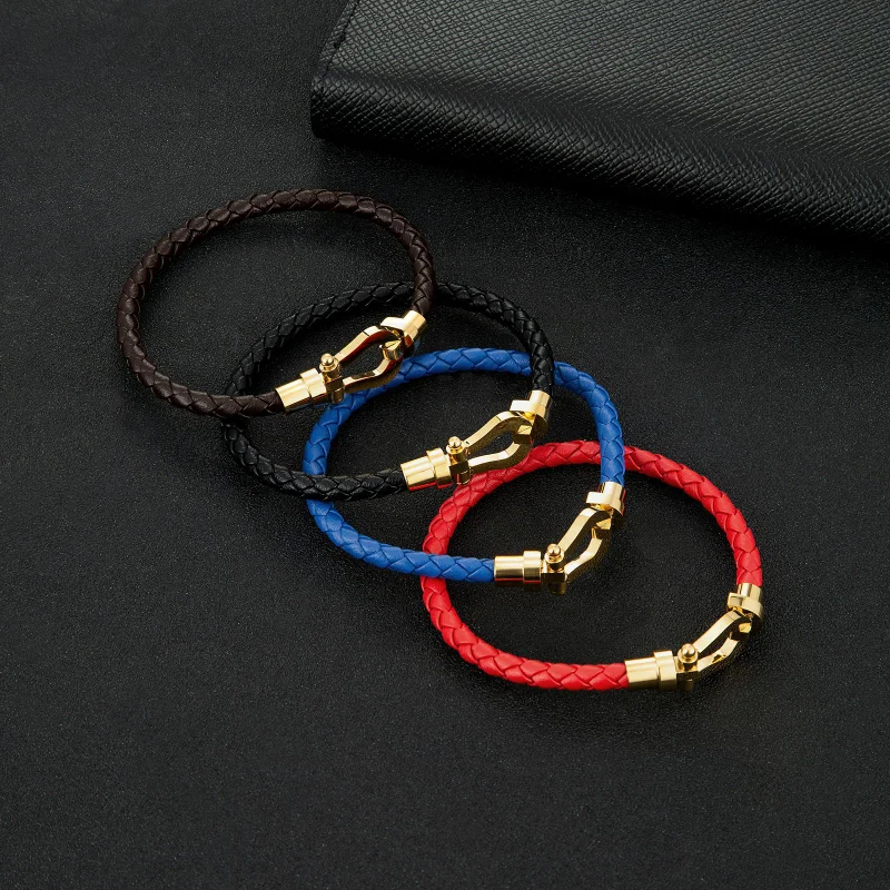 

Titanium Steel Bracelet Four-color Braided Horseshoe Clasp Stainless Steel U-shaped Bracelet Men and Women Couple Bracelet