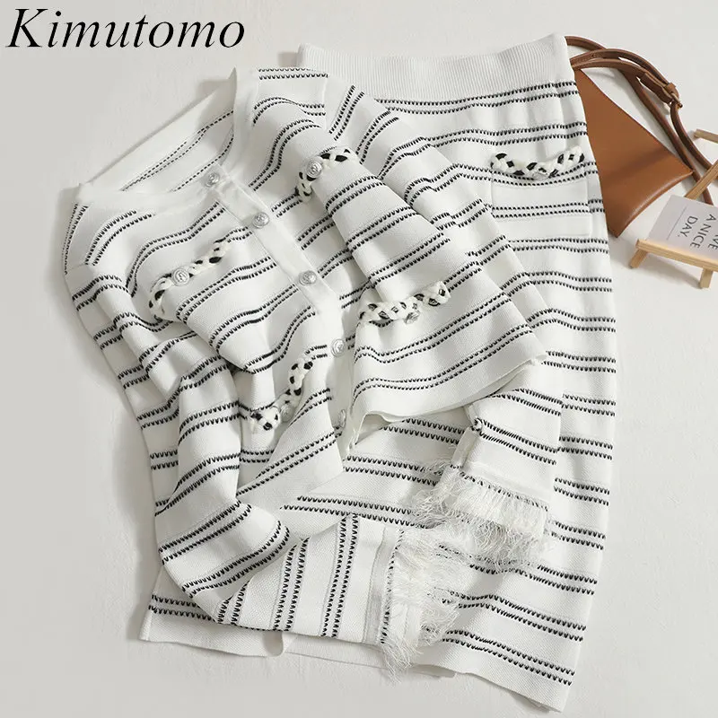 

Kimutomo Elegant Color Contrast Stripe Two Piece Knitting Suit O-neck Single Breast Cardigan High Waist Long Skirt Set Ins Tide