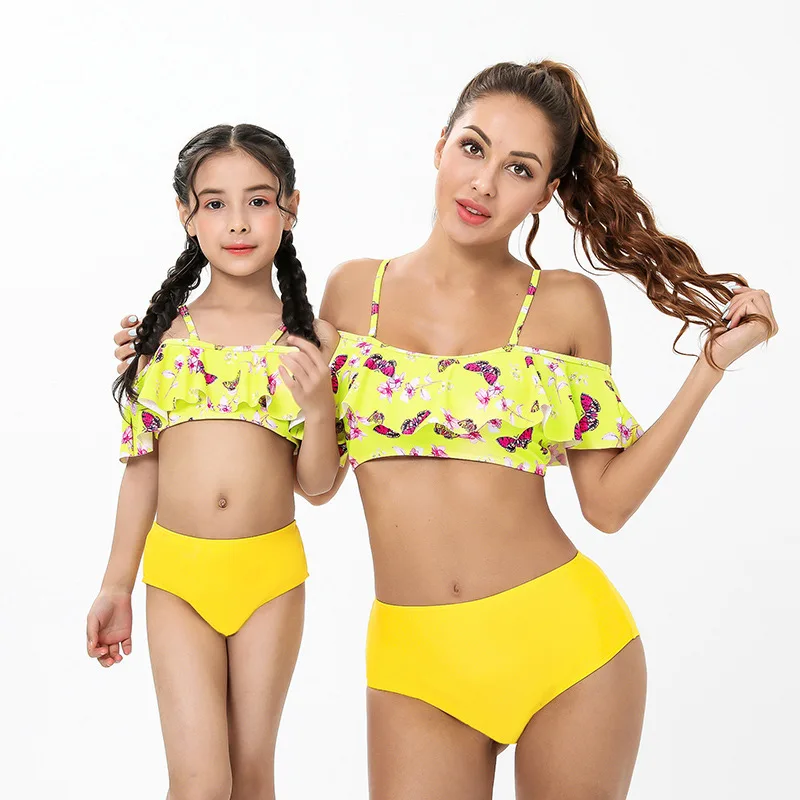 

Parent-child Sexy Swimsuit For Girls Solid Mesh Bikini Swimwear 2022 Mother and Daughter Swimming Suit 2PCS Ruffle Bikinis Set