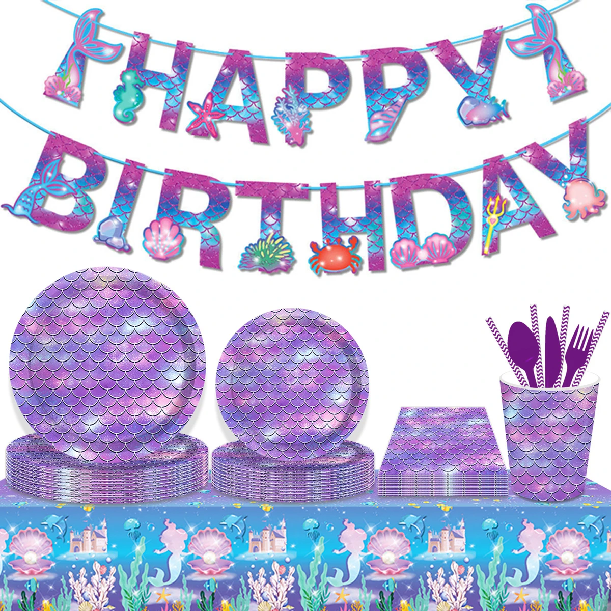 Одноразовая посуда русалка фиолетовая | Дом и сад