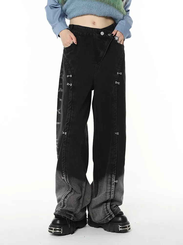 

Женские джинсы в стиле оверсайз Y2K, широкие мешковатые брюки из денима, винтажные черные готические брюки с высокой талией и градиентом, женские брюки