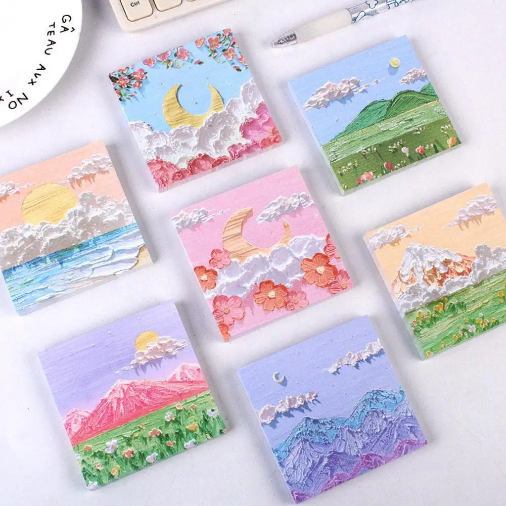 

80Sheets Oil Painting Landscape Post Memo Note Girl Heart Hand Account Bottom Material Stationery Note Book Sticky Note Paper