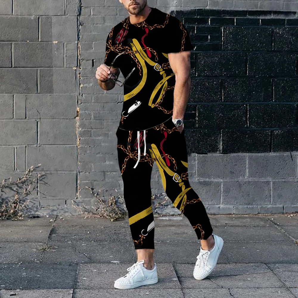 2023 Summer Men's Fashion Printed Short Sleeve Trousers Set Luxury Design Style Chain Printed Suit Plus Size  Casual Tracksuits