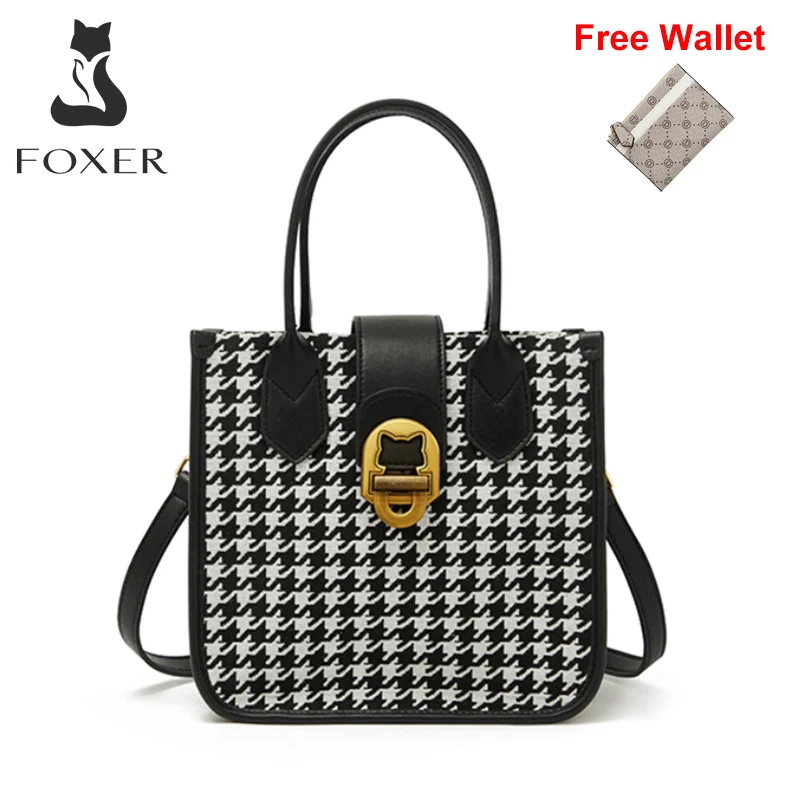 FOXER Female PU Leather Bucket Handbag Lady Houndstooth Commuter Shoulder Crossbody Bag For Women's Large-Capacity Messenger Bag