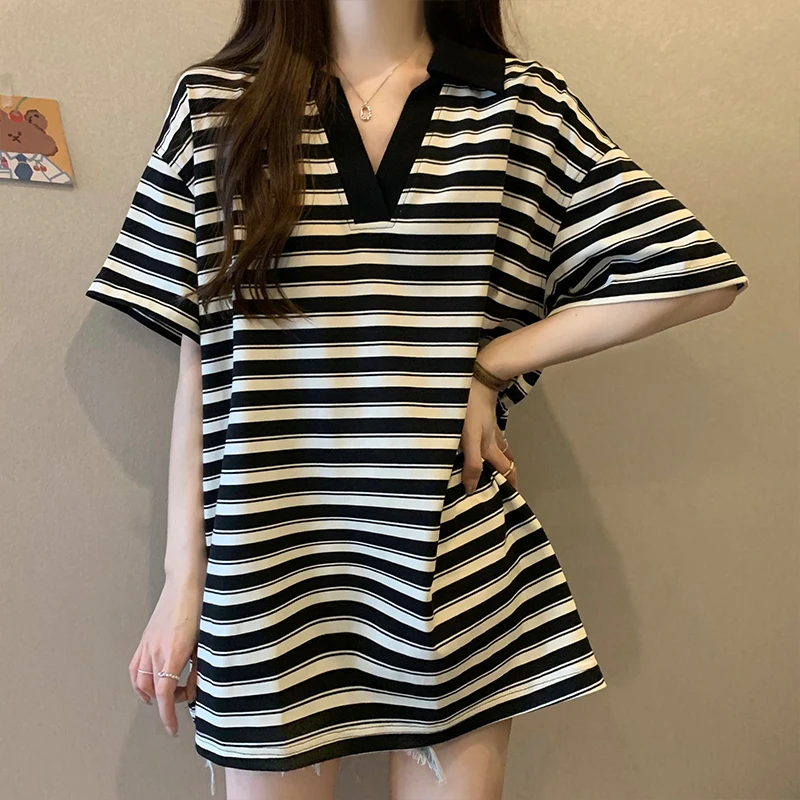 Футболка средней длины в полоску для женщин приталенный воротник поло с коротким