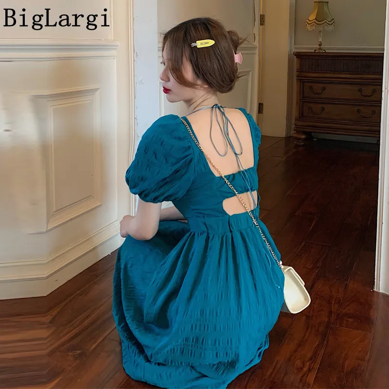 

Summer Midi Backless Dress Women Puff Sleeve Cotton Woman Dress Elegant Vintage Loose Ladies Dresses 2022 Vestidos New Arrival