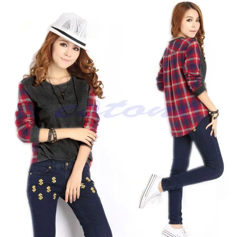 

JAPAN KOREAN WOMENS LOOSE LONG SLEEVE PLAID T-SHIRT BLOUSE TOP