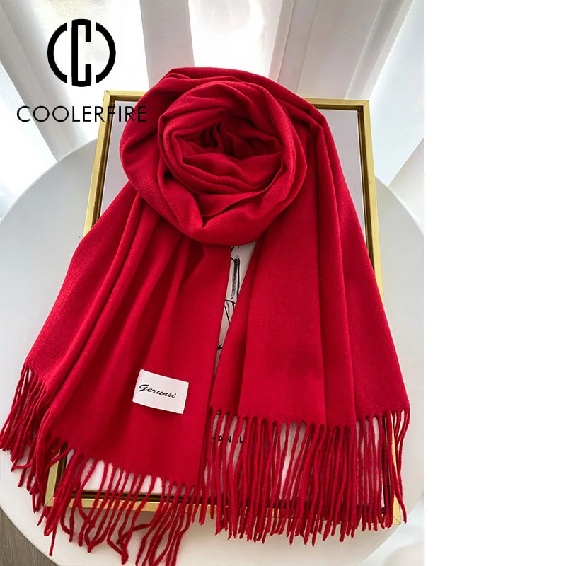 

2022 зимний женский шарф, повседневный модный толстый теплый Универсальный дизайнерский шарф из пашмины, Однотонный женский шарф с кисточкам...