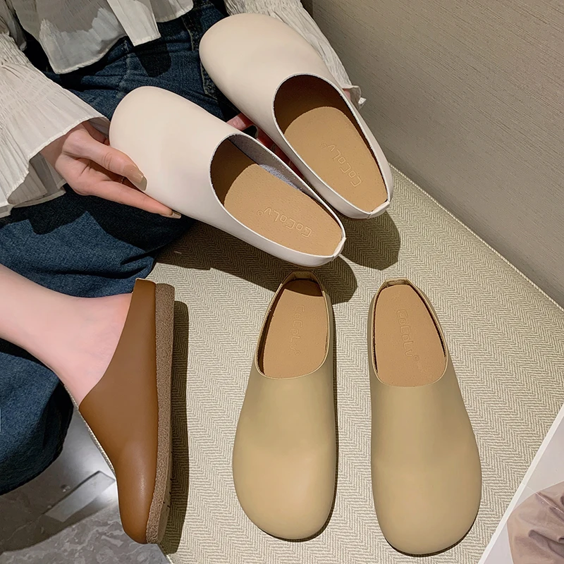 

Female Shoes Low PU Ladies' Slippers Cover Toe 2023 Flat Slides Rome Rubber Retro Basic Female Shoes Womens Slippers Outdoor PU