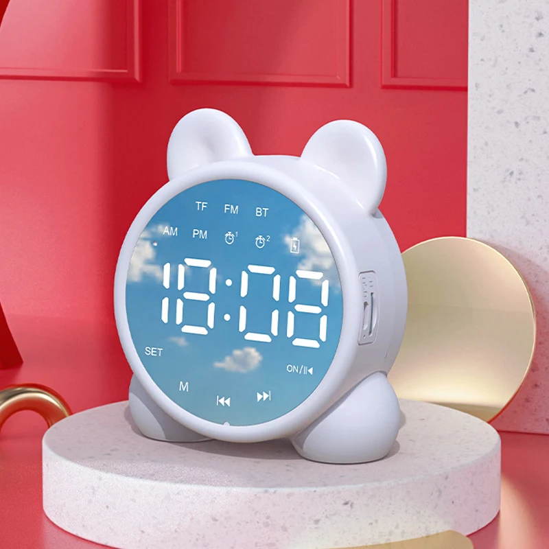 

F2 Cute Cat Kids Alarm Clock Mirror Table Clock Digital Alarm Clock Bedside Clock Children Sleep Led Clocks Bluetooth-Compatible